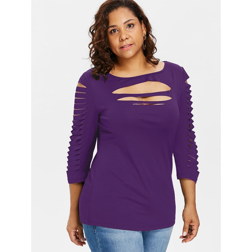 ☀ Purple Plus Size Long Sleeve Shredded Top ☀ - Picture 3 of 8